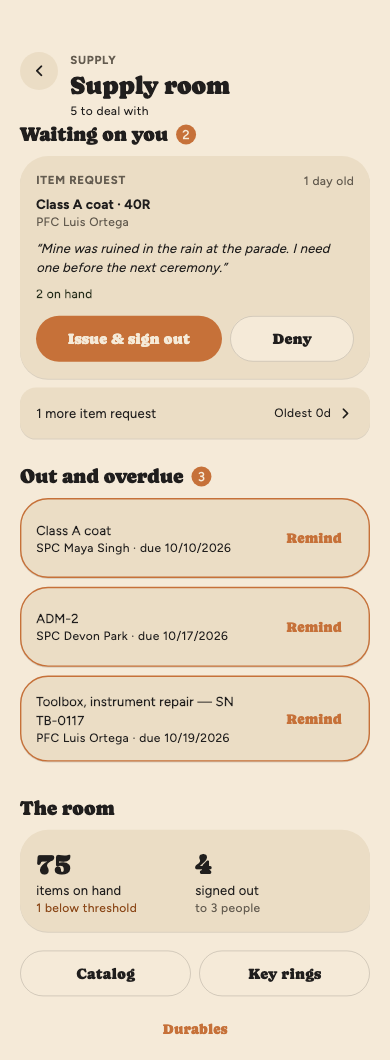 The supply room: an item request for a Class A coat in 40R with Issue and sign out and Deny, three overdue items with Remind, and the room with 75 items on hand, one below its threshold.