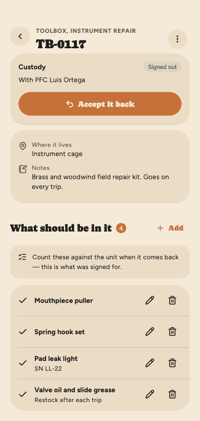 A repair toolbox signed out to PFC Ortega, with Accept it back, where it lives, and the checklist of what should be in it.