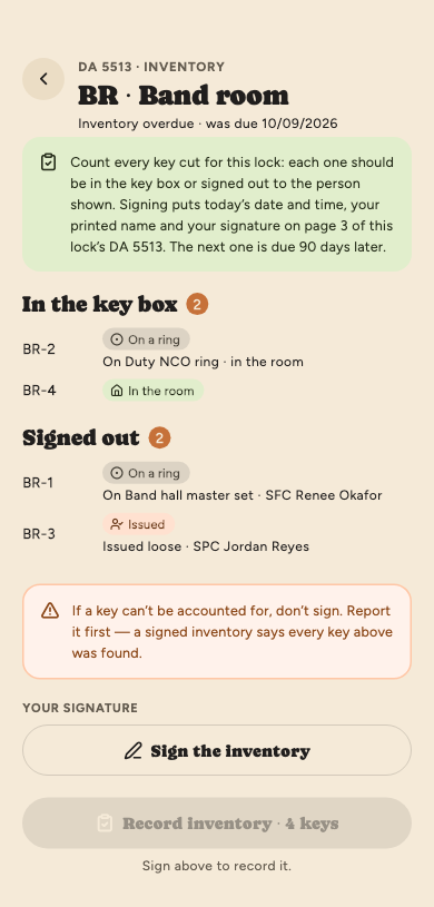 Recording an inventory of the band room: two keys in the key box, two signed out with who holds them, a warning not to sign if a key can't be accounted for, and Sign the inventory above a Record inventory button that waits for the signature.