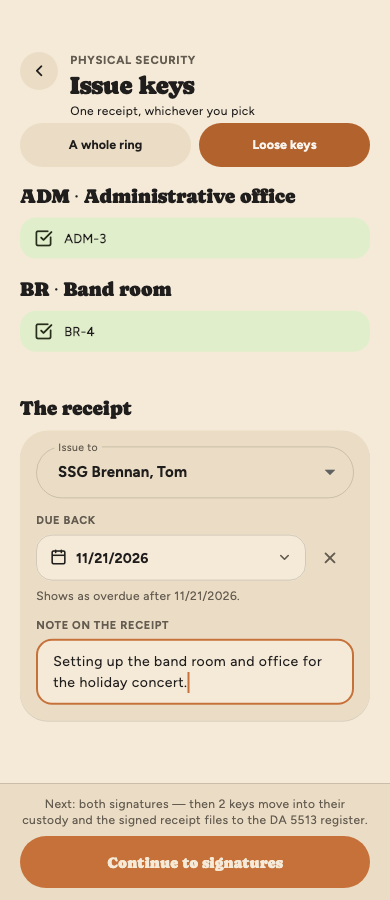 Issue keys: two loose keys ticked, issued to SSG Brennan, due back on a date, with a note and a button to continue to signatures.