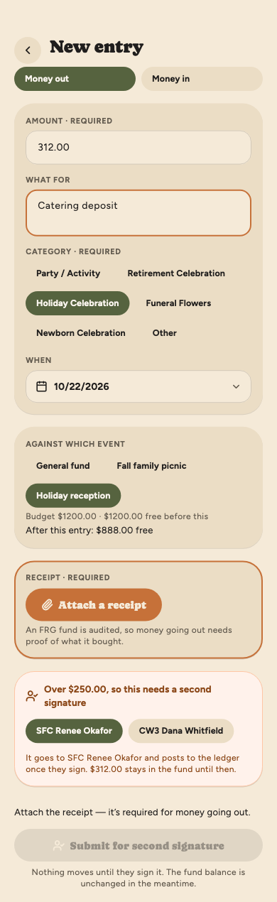 A new money-out entry of $312.00 for a holiday reception catering deposit, charged to the reception's budget, over the $250 second-signature amount with SFC Okafor picked to sign, and a note that the receipt still has to be attached.