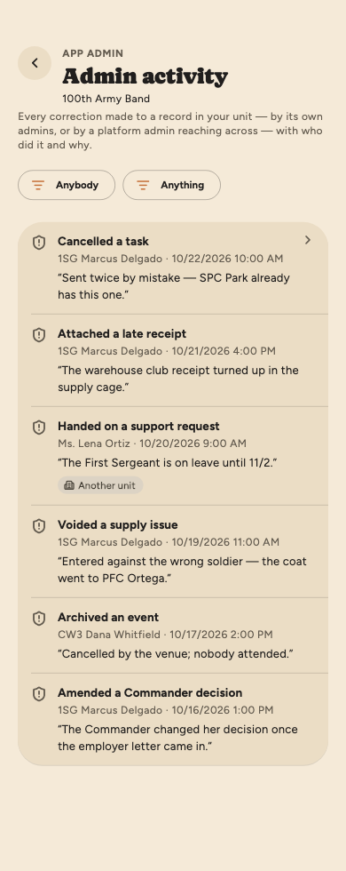 Admin activity for the 100th Army Band: Anybody and Anything filters, then a week of corrections, each with who did it, when and their reason in quotes: a task cancelled, a late receipt attached, a support request handed on by a platform admin marked Another unit, a supply issue voided, an event archived and a Commander decision amended.