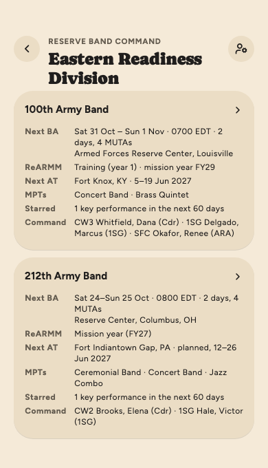 The Eastern Readiness Division's page: a card for each of two bands with its next Battle Assembly, ReARMM year, next AT, MPTs, starred performances and command team.