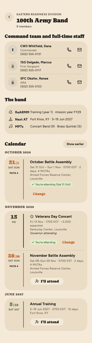 The 100th Army Band's page: its commander, first sergeant and ARA with call and email buttons, its ReARMM year, next AT and MPTs, then a calendar of Battle Assemblies, a starred concert and Annual Training.