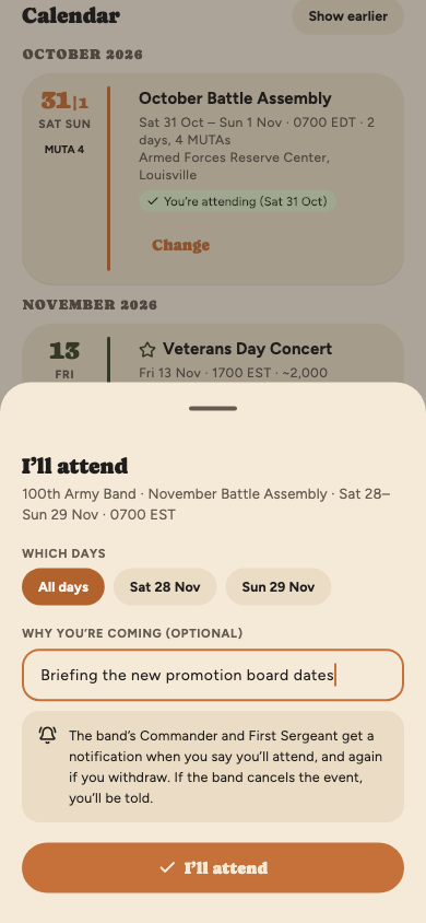 Saying you'll attend the November Battle Assembly: day pills for all days or one day, and a reason, briefing the new promotion board dates.