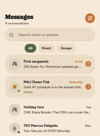 The Messages tab for a CSM in no band: a search box, All, Direct and Groups pills, a group of first sergeants, a direct message with the band program manager, a holiday tour group and a direct message with a band's first sergeant.