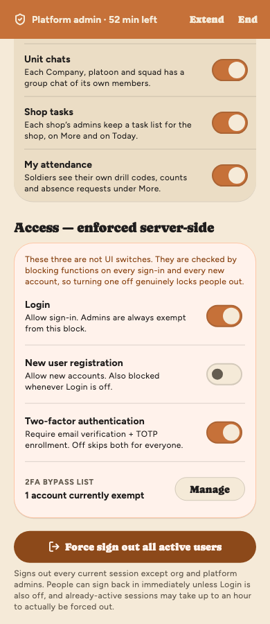 Feature Flags, scrolled to the end: Unit chats, Shop tasks and My attendance on, then Access, enforced server-side, with Login on, New user registration off, Two-factor authentication on, one account on the 2FA bypass list, and Force sign out all active users.