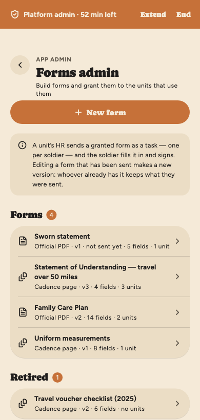 Forms admin: a New form button above four forms, a sworn statement and a Family Care Plan printing as official PDFs and a Statement of Understanding and uniform measurements as Cadence pages, each with its version, fields and units, and a retired travel voucher checklist.