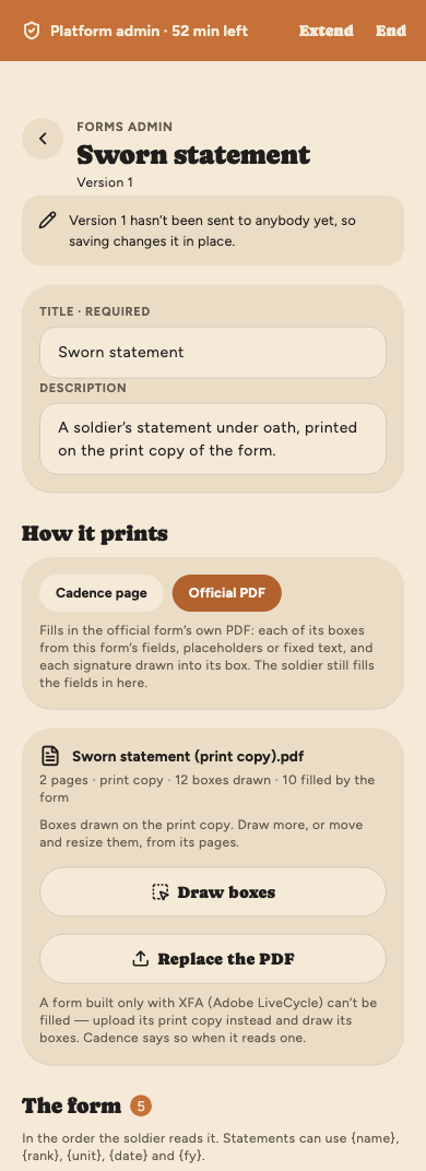 A sworn statement in the form builder: version 1, not sent yet, its title and description, How it prints set to Official PDF, and the uploaded print copy, 2 pages with 12 boxes drawn and 10 filled by the form, with Draw boxes and Replace the PDF.