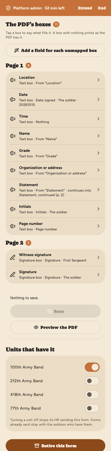 The PDF's boxes: page 1's location, date, time, name, grade, organization, statement, initials and page number boxes, each saying what fills it, with time filled by nothing; page 2's witness and soldier signatures; Save and Preview the PDF; then Units that have it, with the 100th Army Band switched on, and Retire this form.