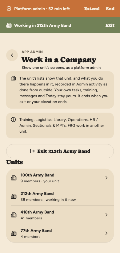 Work in a Company while working in the 212th Army Band: the Platform admin strip and a Working in 212th Army Band strip with Exit, a note on what stays yours, an Exit button, and the four units, the 100th marked as your unit.