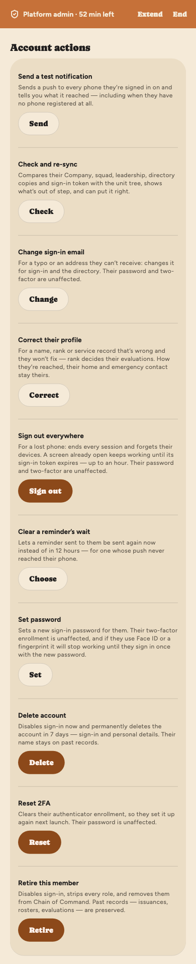 Account actions on SGT Kayla Ramos of the 212th, each explained above its button: Send a test notification, Check and re-sync, Change sign-in email, Correct their profile, Sign out everywhere, Clear a reminder's wait, Set password, Delete account, Reset 2FA and Retire this member.